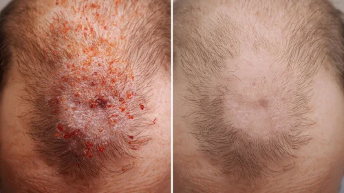 Folliculite du cuir chevelu — avant/après phagothérapie, réduction de l’inflammation et des lésions